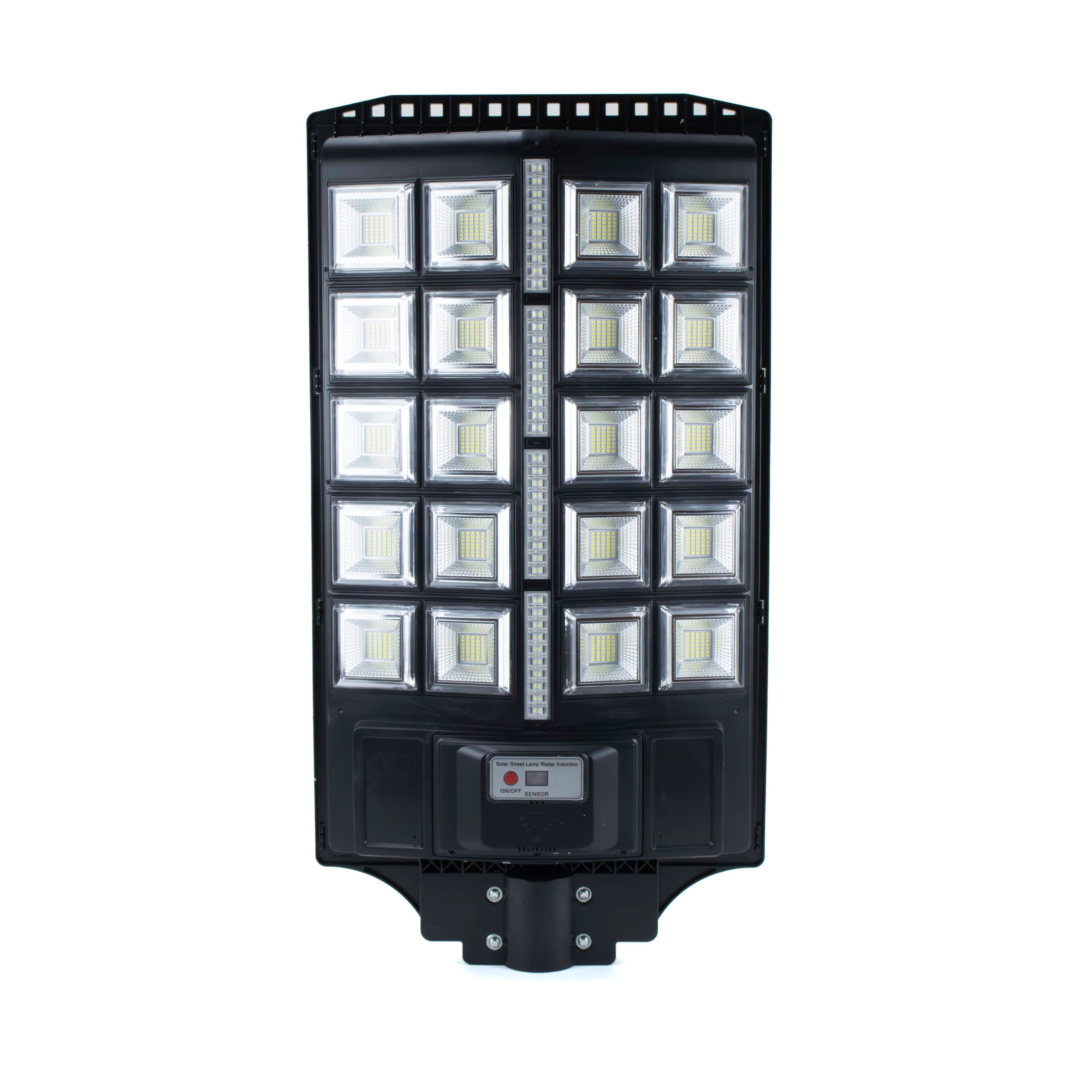 Roska R-2000SSL 2000W all-in-one solar LED street light flagship with 20 LED reflector blocks (5x4 grid plus center vertical LED strips on both sides), integrated solar panel, ON/OFF + SENSOR control box labeled Solar Street Lamp Radar Induction