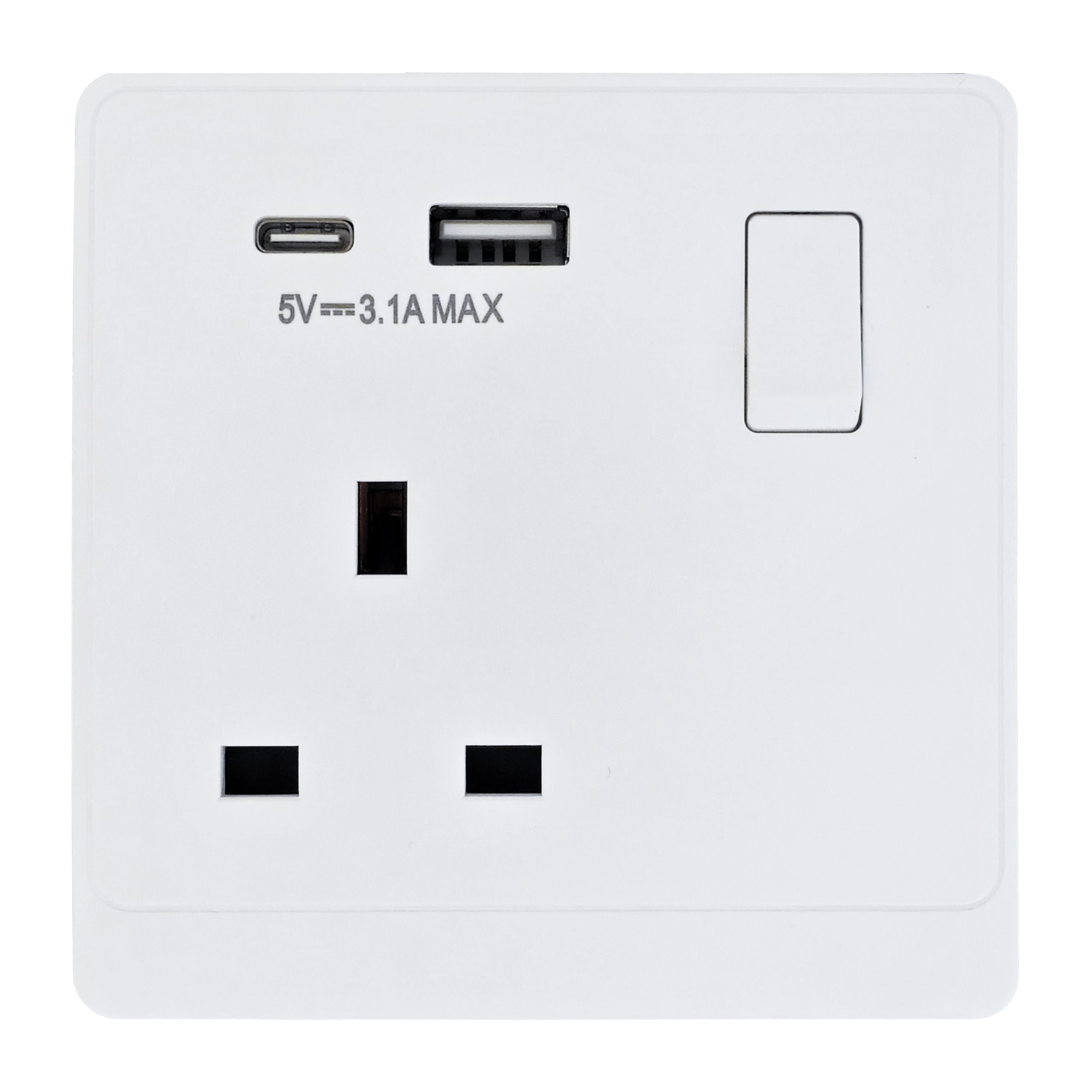 Admore 13A 1 Gang Switched Socket with USB-A & USB-C — PC Classic Range White (P-W407)