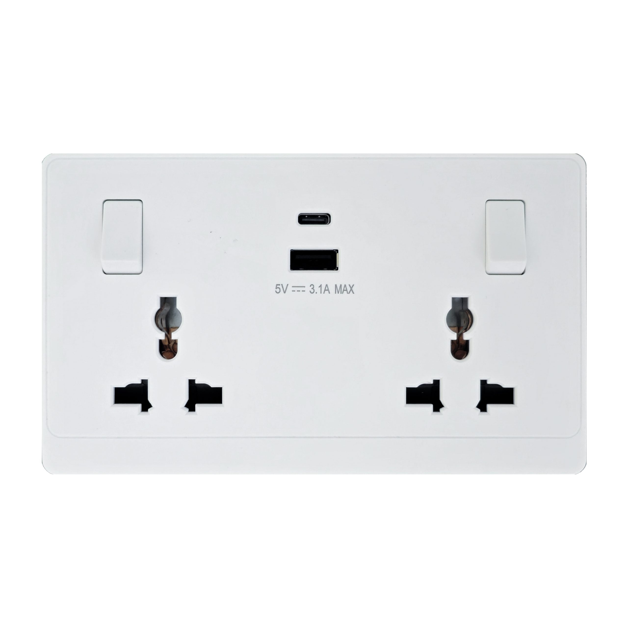 Admore 2 Gang Universal Socket with USB-A & USB-C — PC Classic Range White (P-W425)