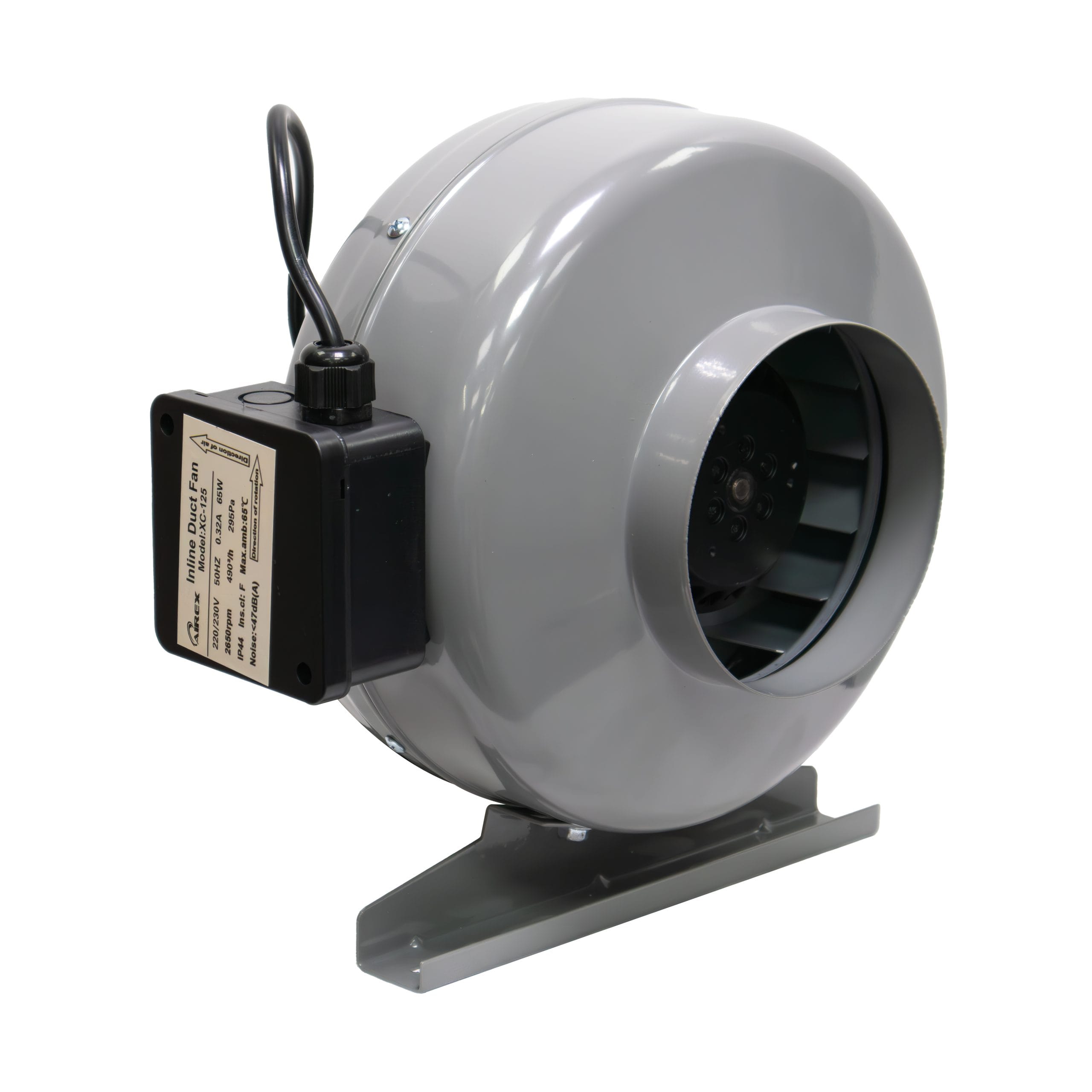 Light grey Airex centrifugal inline duct fan with visible forward-curved impeller wheel and black side-mounted electrical junction box